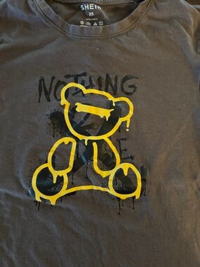 SHEIN Grey Tee with Yellow Drip Bear Graphic